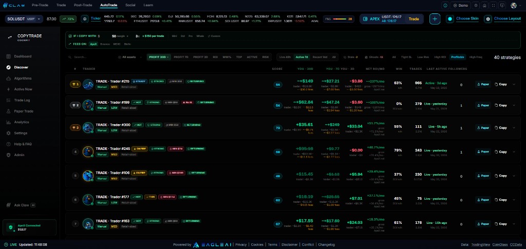 Claw Pro v2 AutoTrade leaderboard with 40 copy-trading strategies, scores, profit columns and ApeX UID linking